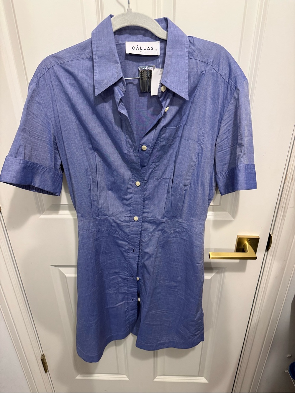 Short-Sleeve Blue Button-Down Shirt Dress by Callas Milano NWT